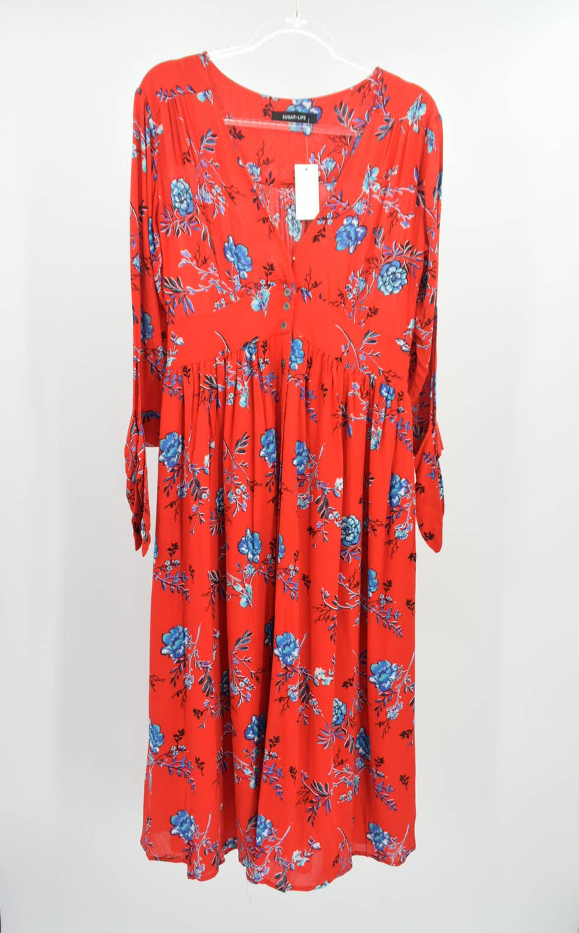 SugarLips Button Front V-Neck Long Sleeve Midi Dress Womens M Red Floral Crepe
